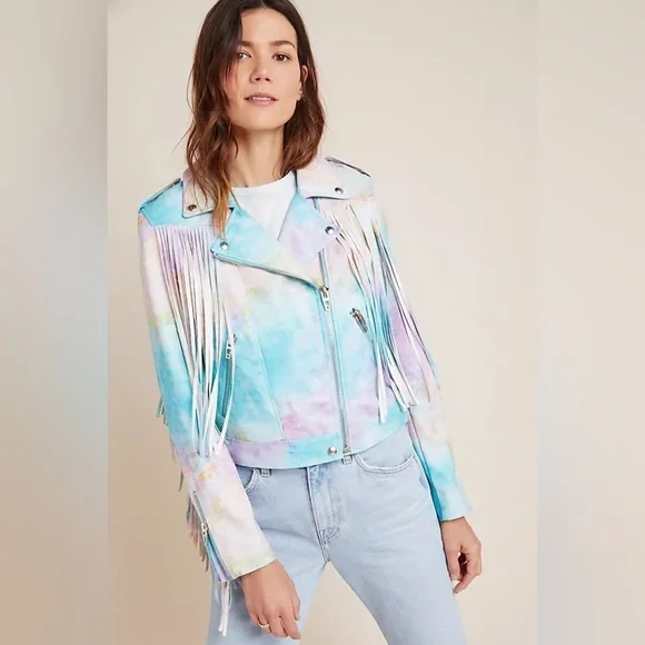 **RARE** Blank NYC Tie Dye Fringe Leather Moto Jacket - Picture 2 of 16
